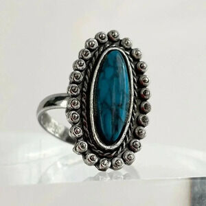 Silver Toned Textured Bead Faux Turquoise Adjustable Southwest Style Ring - sz 6